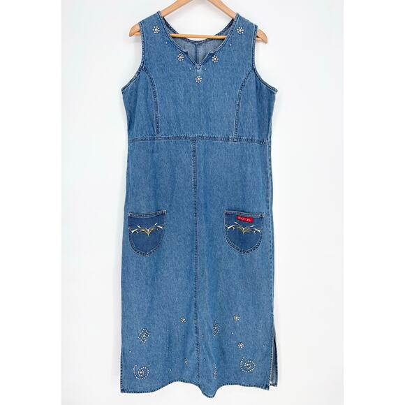 Braxton Studded Denim Vintage Denim Maxi Jumper Dress Size L/XL *FLAWED* - Picture 1 of 6